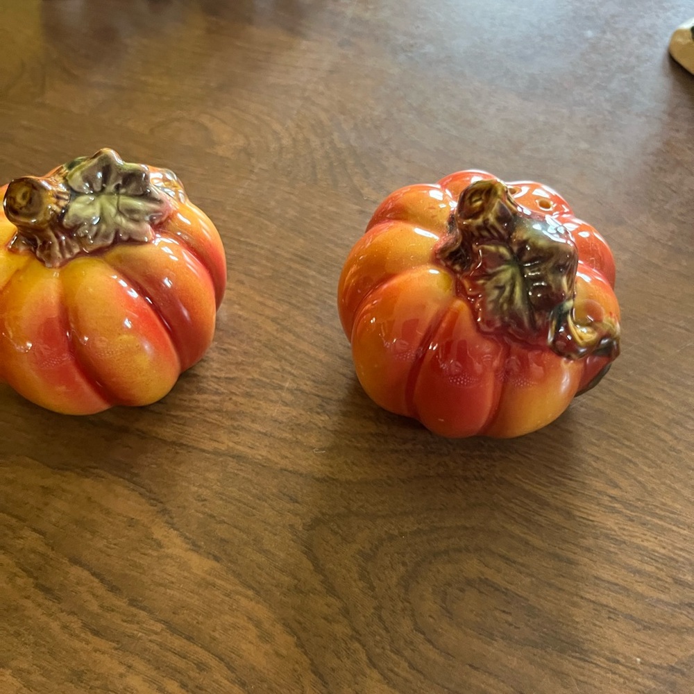 Ceramic Pumpkin Salt and Pepper Decor Set - Orange and Green